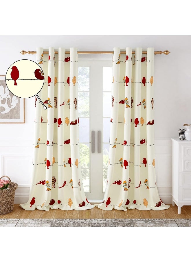 Story@Home - Story@Home 275 Cm 100% Cotton Canvas Fabric Birds Pattern Light Filtering Grommet Long Door Curtain, White & Red, Pack Of 2 - Image 1
