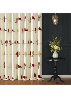 Story@Home 275 Cm 100% Cotton Canvas Fabric Birds Pattern Light Filtering Grommet Long Door Curtain, White & Red, Pack Of 2