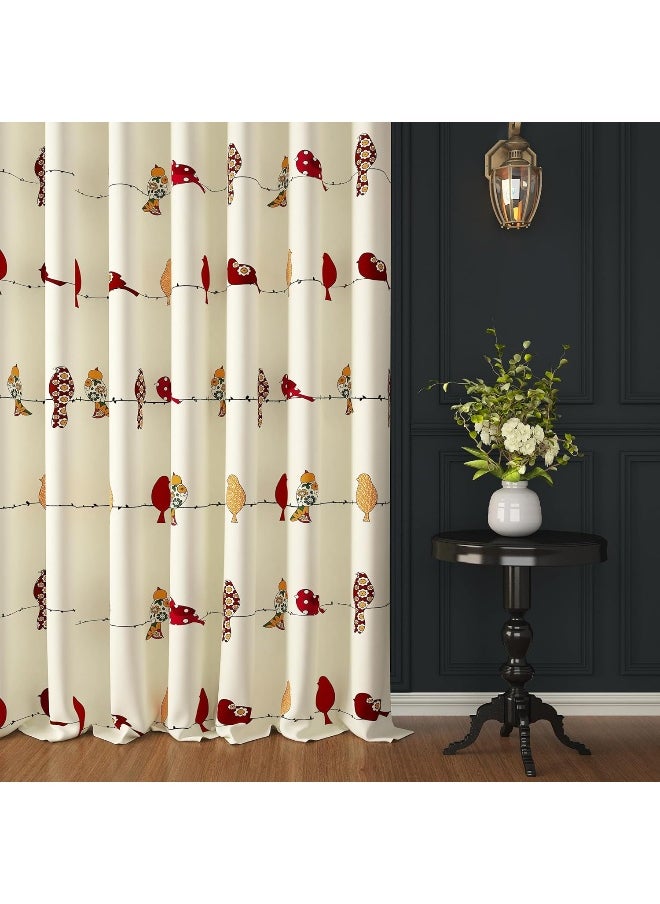 Story@Home - Story@Home 275 Cm 100% Cotton Canvas Fabric Birds Pattern Light Filtering Grommet Long Door Curtain, White & Red, Pack Of 2 - Image 1