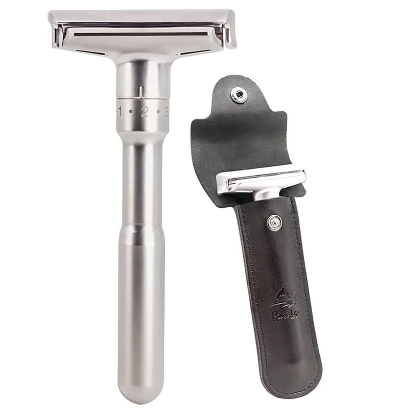 Travel Double Edge Safety Razor River Lake RZ700 Long Handle Adjustable Classic Safety Shaver Razor Razor with Protective CaseBlack
