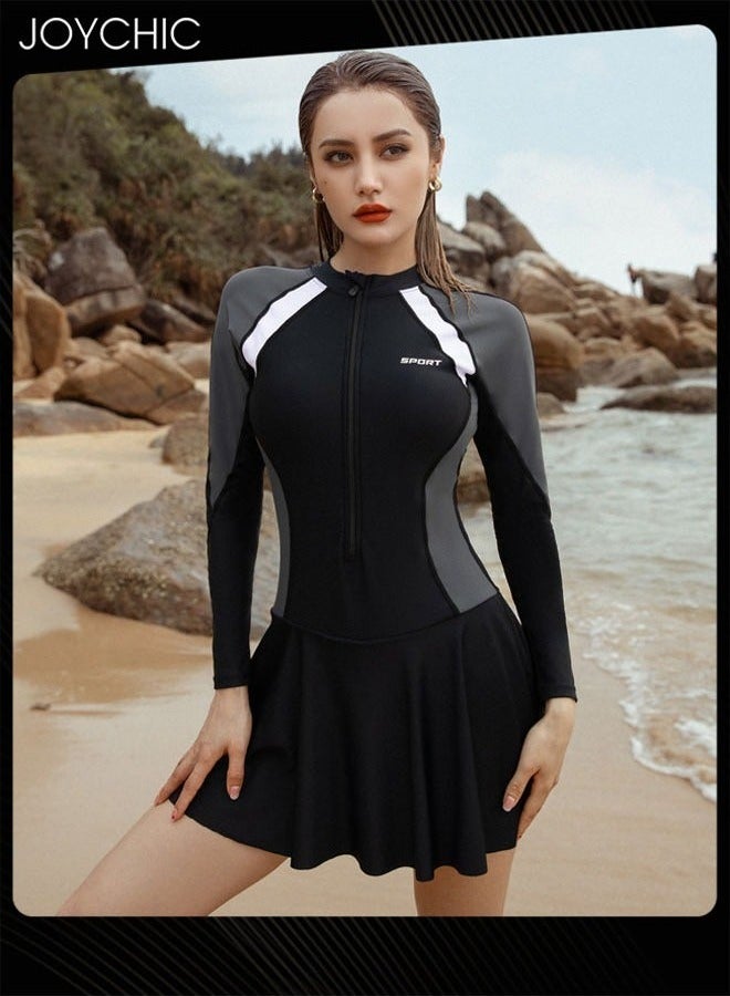Joychic ملابس سباحة نسائية قطعة واحدة بتصميم رقع بسحاب بأكمام طويلة سريعة الجفاف قابلة للتنفس لحماية من الشمس بدلة غوص ملابس ركوب الأمواج للرياضات الخارجية على الشاطئ - Image 1