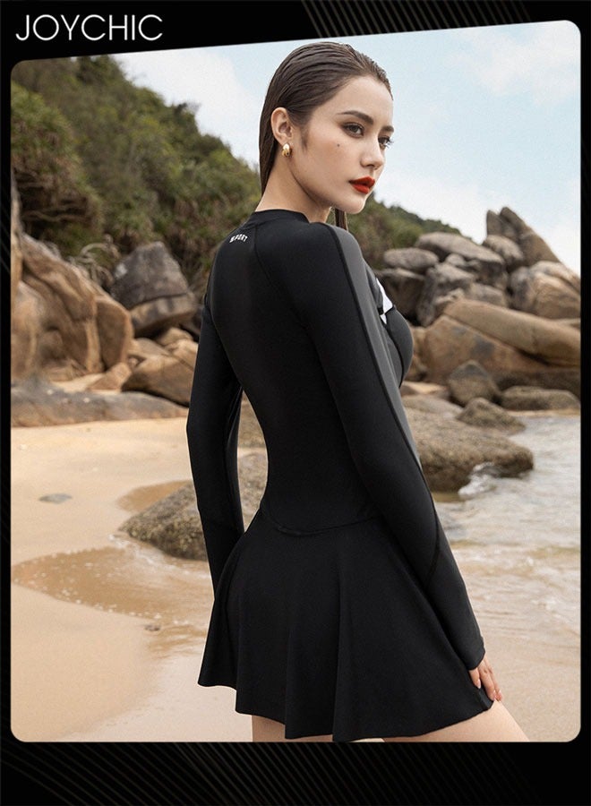 Joychic ملابس سباحة نسائية قطعة واحدة بتصميم رقع بسحاب بأكمام طويلة سريعة الجفاف قابلة للتنفس لحماية من الشمس بدلة غوص ملابس ركوب الأمواج للرياضات الخارجية على الشاطئ - Image 3