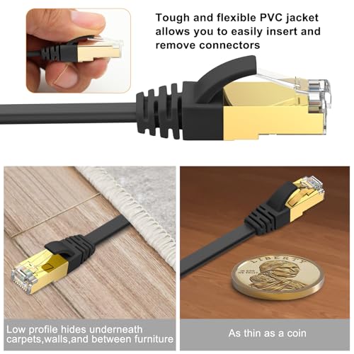 Ercielook CAT8 Ethernet Cable 25 ft High Speed, Shielded Flat Internet Cable with Clips, for Router/Gaming/Modem - Black - Image 3