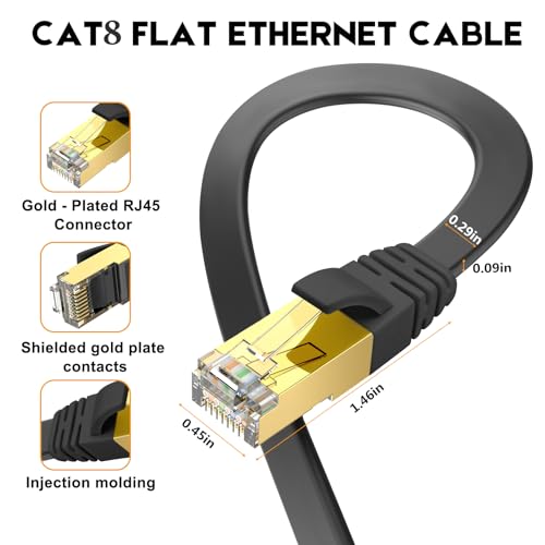 Ercielook CAT8 Ethernet Cable 25 ft High Speed, Shielded Flat Internet Cable with Clips, for Router/Gaming/Modem - Black - Image 4