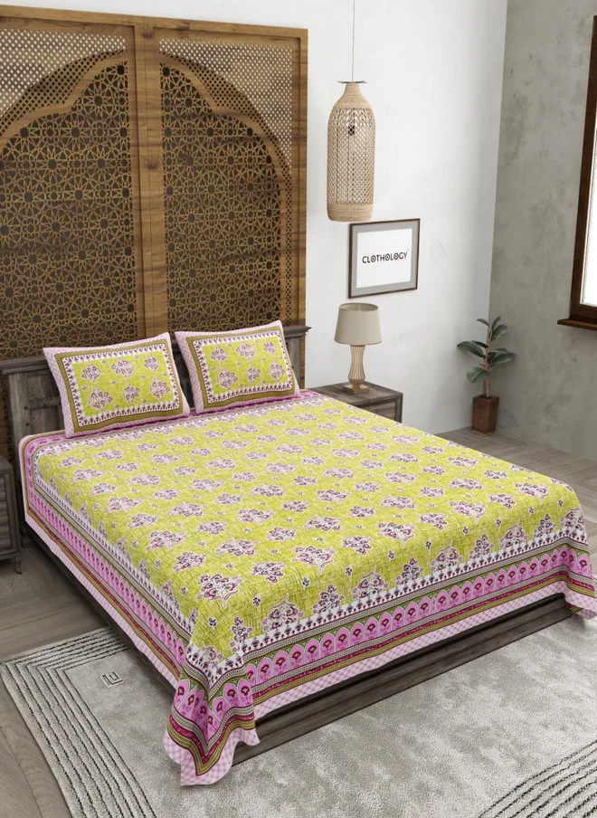 CLOTHOLOGY CLOTHOLOGY Yellow & Pink Floral Printed Pure Cotton 180 TC King Bedsheet Set