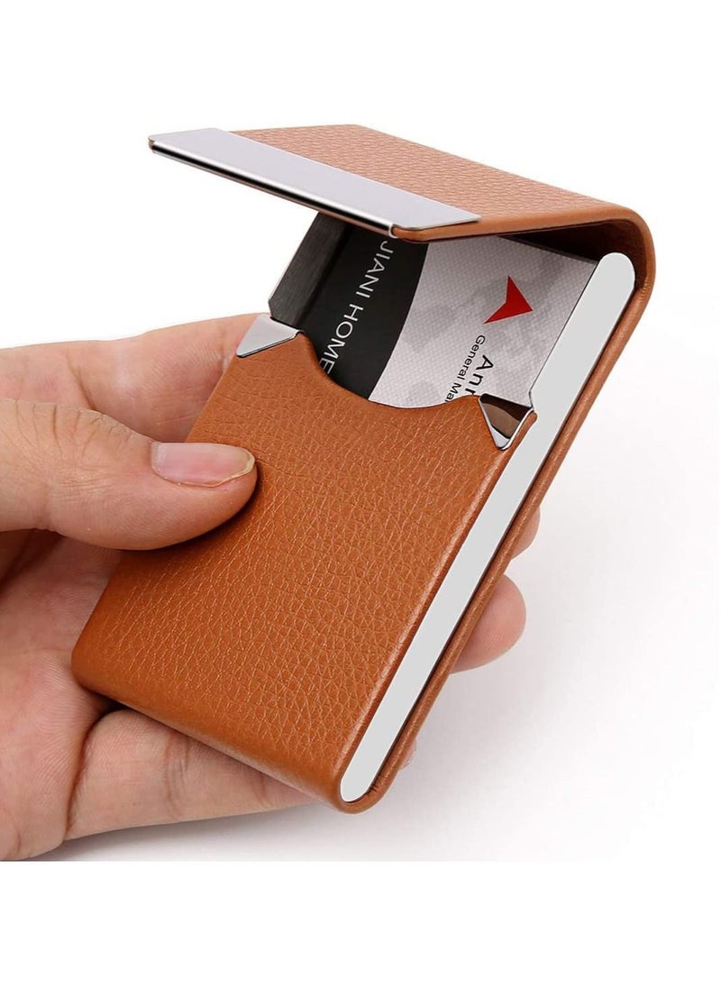 SYOSI Business Card Holder Case, Brown Fashion Professional PU Leather Business Card Carrier, Luxury Metal Name Card Holder with Magnetic Shut, Wallet Credit Card ID Case for Men & Women Best Gift  - Image 1