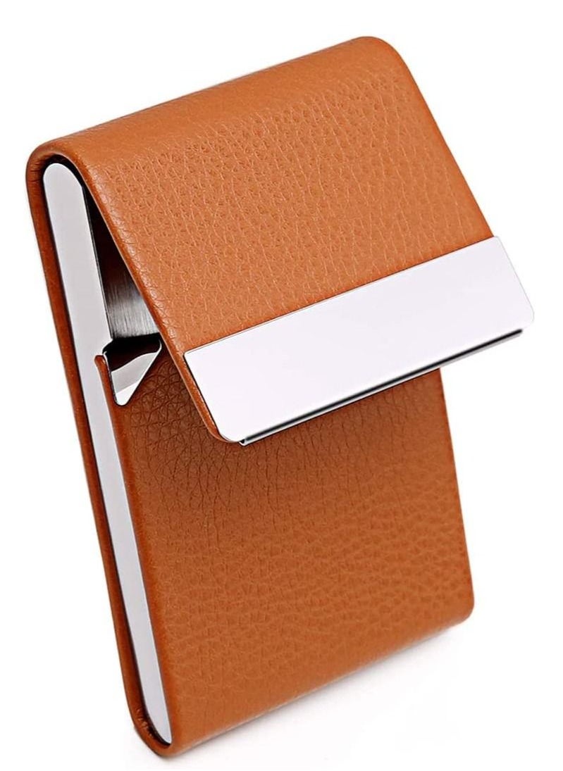 SYOSI Business Card Holder Case, Brown Fashion Professional PU Leather Business Card Carrier, Luxury Metal Name Card Holder with Magnetic Shut, Wallet Credit Card ID Case for Men & Women Best Gift  - Image 4