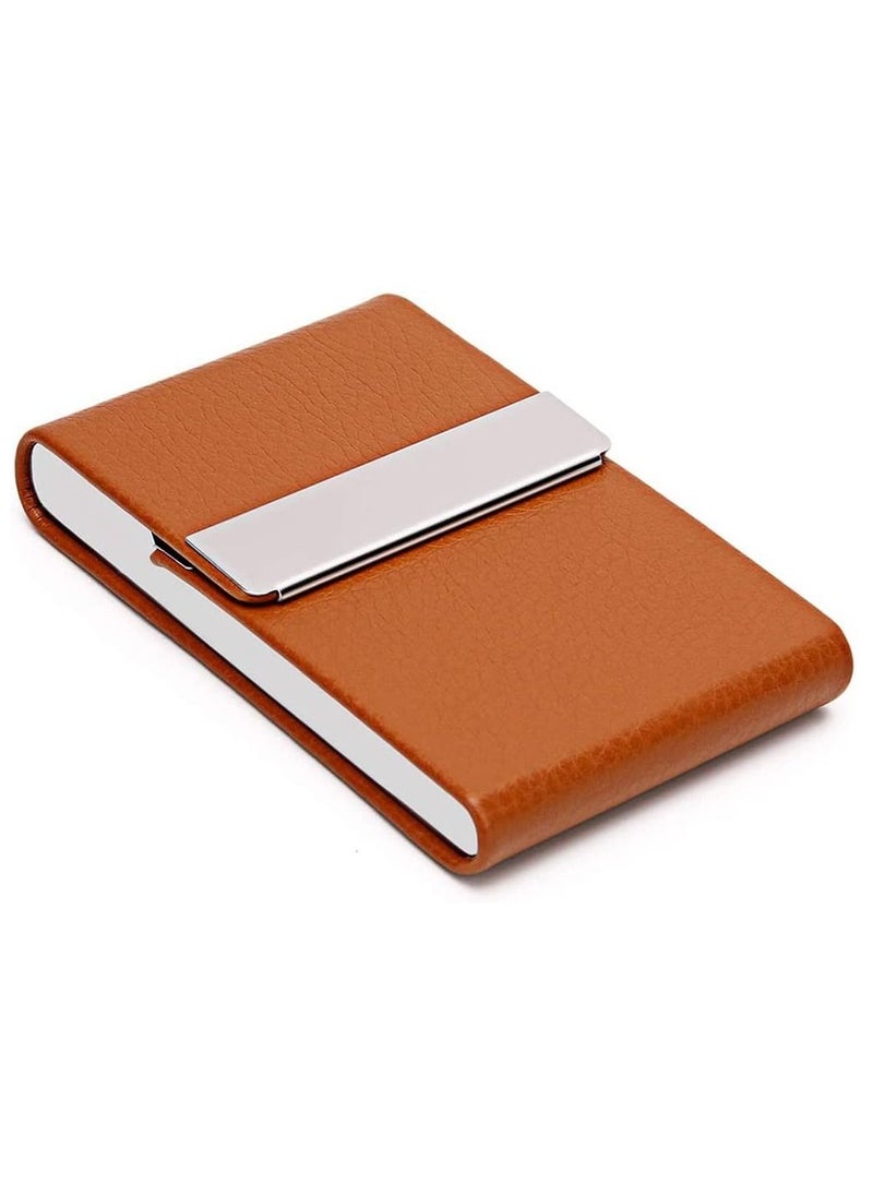SYOSI Business Card Holder Case, Brown Fashion Professional PU Leather Business Card Carrier, Luxury Metal Name Card Holder with Magnetic Shut, Wallet Credit Card ID Case for Men & Women Best Gift  - Image 5