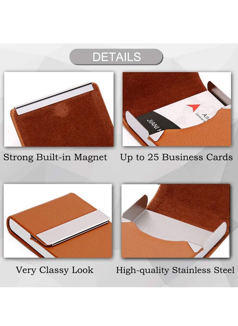SYOSI Business Card Holder Case, Brown Fashion Professional PU Leather Business Card Carrier, Luxury Metal Name Card Holder with Magnetic Shut, Wallet Credit Card ID Case for Men & Women Best Gift  - Image 2