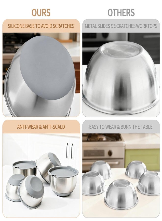 Deedro مجموعة أوعية خلط ديدرو بريميوم مع أغطية محكمة الإغلاق، 22 قطعة من أوعية الخلط المصنوعة من الفولاذ المقاوم للصدأ السميك، أوعية تحضير معدنية كبيرة، أوعية متداخلة بقاعدة سيليكون مانعة للانزلاق للمطبخ، سعات 1.5/2/3/4/5 كوارت، رمادي - Image 4