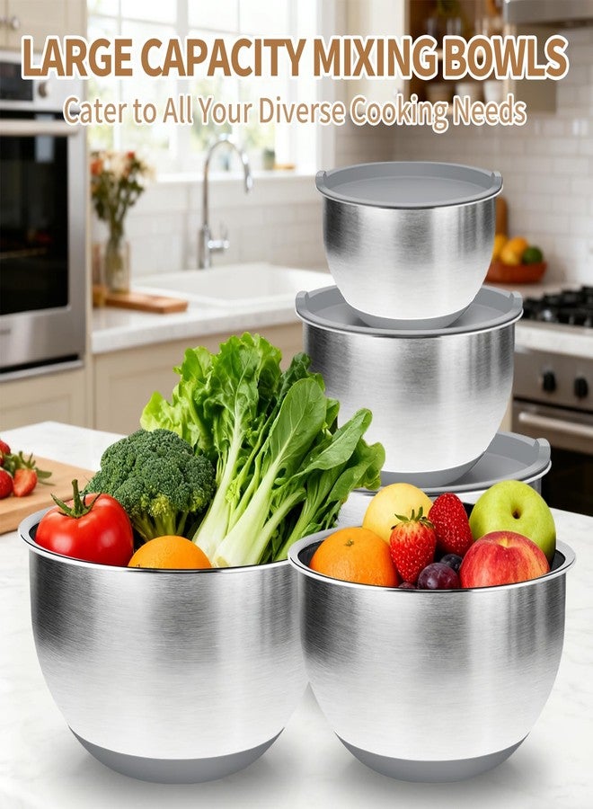 Deedro مجموعة أوعية خلط ديدرو بريميوم مع أغطية محكمة الإغلاق، 22 قطعة من أوعية الخلط المصنوعة من الفولاذ المقاوم للصدأ السميك، أوعية تحضير معدنية كبيرة، أوعية متداخلة بقاعدة سيليكون مانعة للانزلاق للمطبخ، سعات 1.5/2/3/4/5 كوارت، رمادي - Image 2