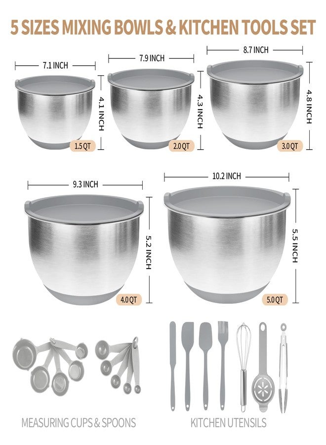 Deedro مجموعة أوعية خلط ديدرو بريميوم مع أغطية محكمة الإغلاق، 22 قطعة من أوعية الخلط المصنوعة من الفولاذ المقاوم للصدأ السميك، أوعية تحضير معدنية كبيرة، أوعية متداخلة بقاعدة سيليكون مانعة للانزلاق للمطبخ، سعات 1.5/2/3/4/5 كوارت، رمادي - Image 3