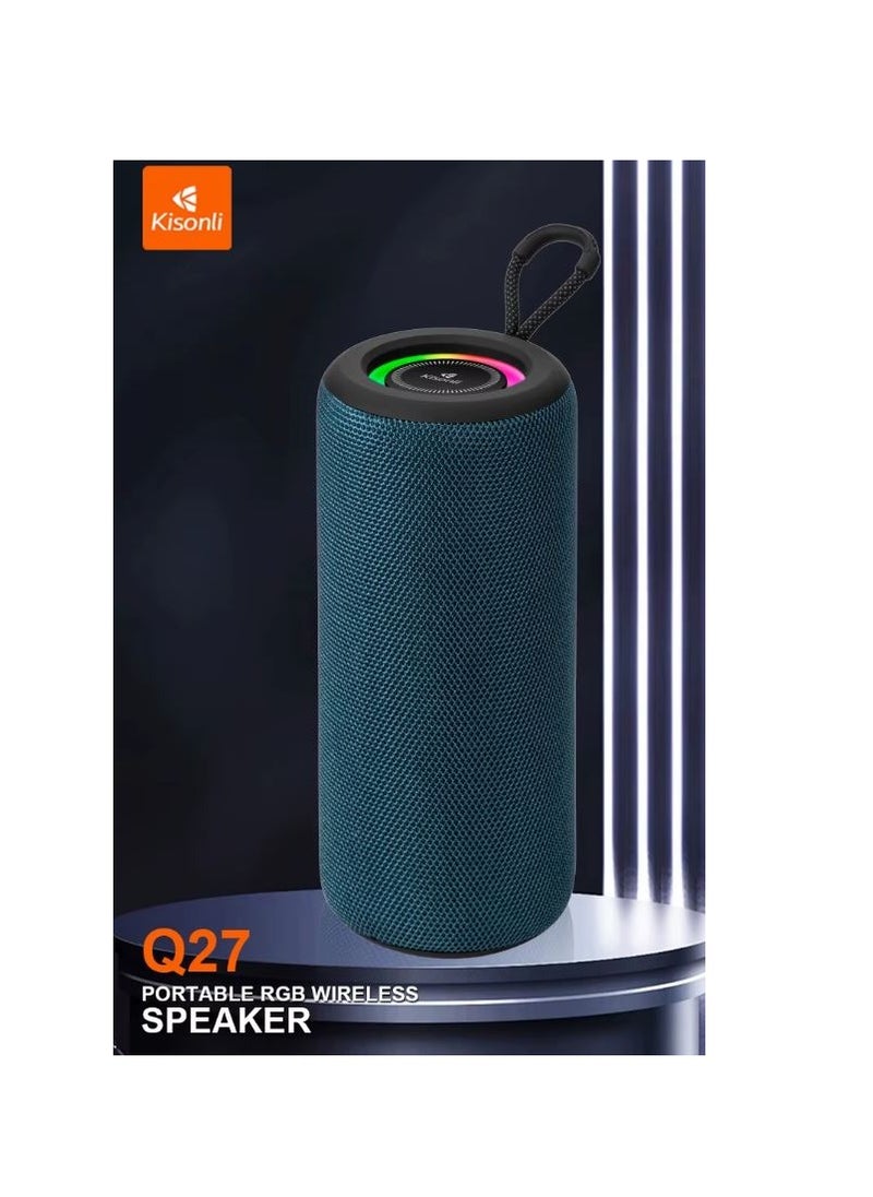 Kisonli Premium Q27Stereo Super Bass RGB 10W Portable Speaker, 1800mAh (3-8 Hr), Built-In Calling MIC, AUX-USB/TF/FM - Blue
