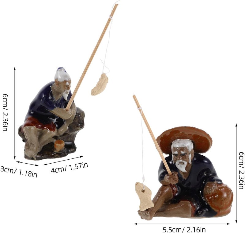 POPETPOP 2pcs Ceramic Micro Landscape Statues with Sitting Fisherman Figures, Miniature Garden Ornaments for Bonsai and Aquarium Zen Decor - Image 2