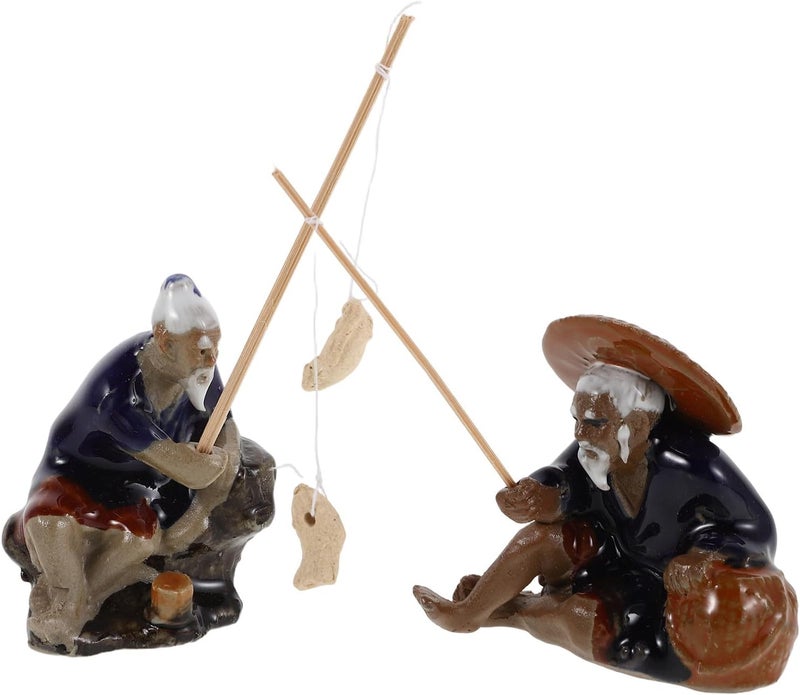 POPETPOP 2pcs Ceramic Micro Landscape Statues with Sitting Fisherman Figures, Miniature Garden Ornaments for Bonsai and Aquarium Zen Decor - Image 1