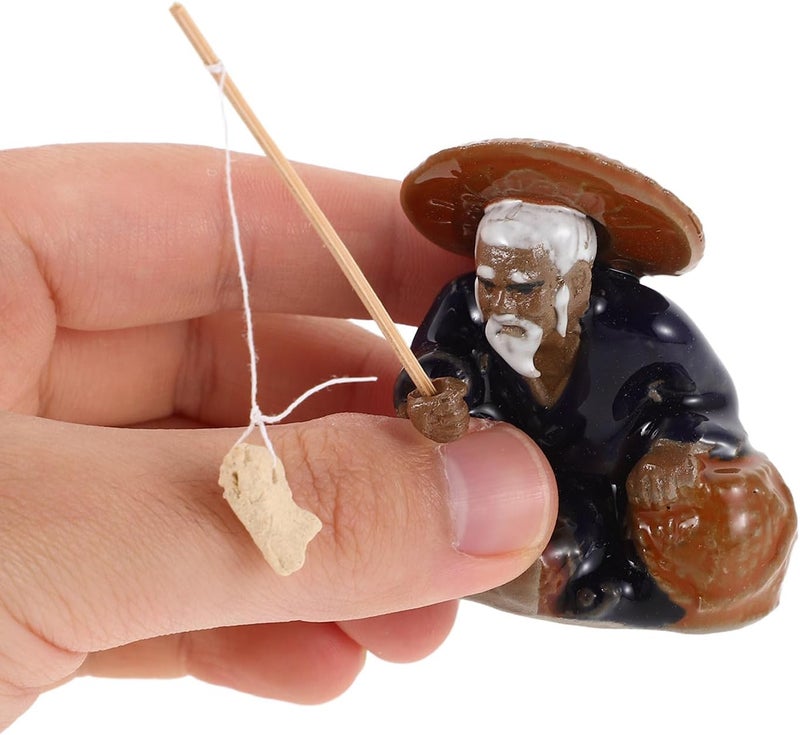 POPETPOP 2pcs Ceramic Micro Landscape Statues with Sitting Fisherman Figures, Miniature Garden Ornaments for Bonsai and Aquarium Zen Decor - Image 3
