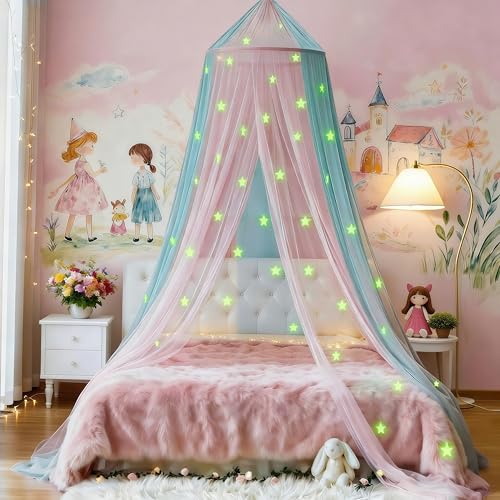 Eimilaly TwoTone Bed Canopy Mosquito Net Bed Canopy for Girls Room Decor Insect Protection Hanging Canopy for IndoorPinkBlueStars Glow in the Dark - Image 3