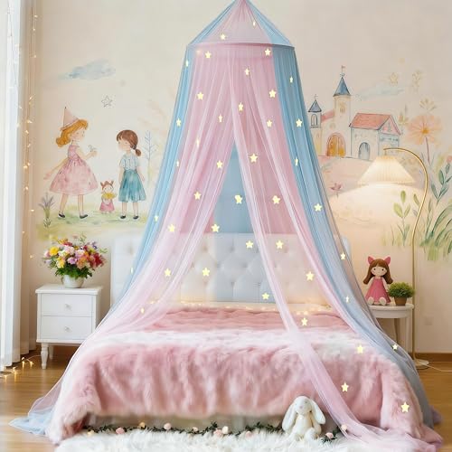Eimilaly TwoTone Bed Canopy Mosquito Net Bed Canopy for Girls Room Decor Insect Protection Hanging Canopy for IndoorPinkBlueStars Glow in the Dark - Image 1