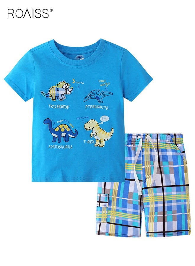roaiss Little Boy T-Shirt and Shorts Set, Stylish 2-Piece Outfit for Toddler Boys, Summer Cotton Outfit with Dinosaur Pattern Top and Drawstring Shorts, Perfect for Daily Wear or Various Occasions  - Image 1