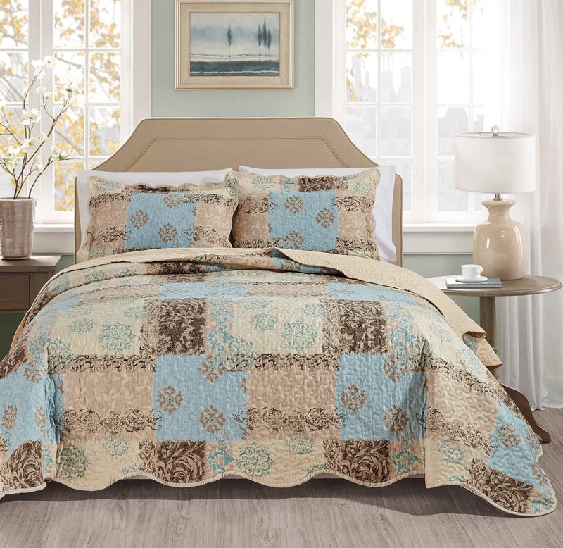 Masterplay 3Piece Fine Printed Oversize 100x95 Quilt Set Bedspread Coverlet Queen Size Bed Cover Light Blue Beige Brown Floral Oversize Queen