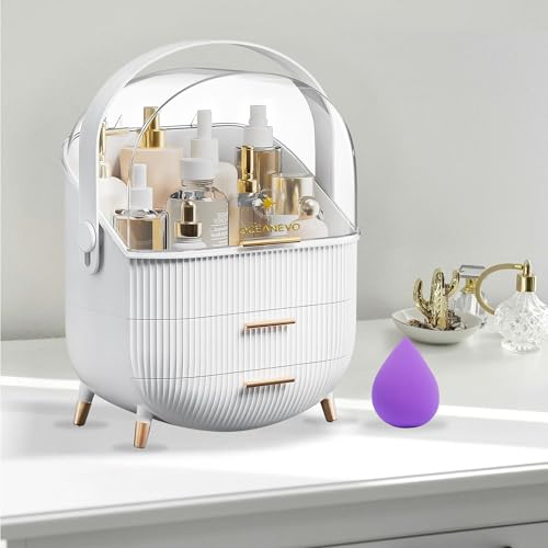 OCEANEVO Cosmetic Makeup Organizer Box for Women with Makeup Sponge | Dressing Table Organizer with Drawer for Skincare, Perfume, Lipstick Storage | 36 cm x 27 cm x 17 cm – Model 2 | White - Image 1