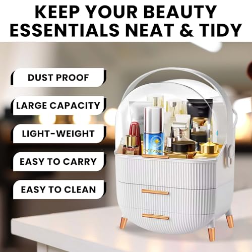 OCEANEVO Cosmetic Makeup Organizer Box for Women with Makeup Sponge | Dressing Table Organizer with Drawer for Skincare, Perfume, Lipstick Storage | 36 cm x 27 cm x 17 cm – Model 2 | White - Image 5