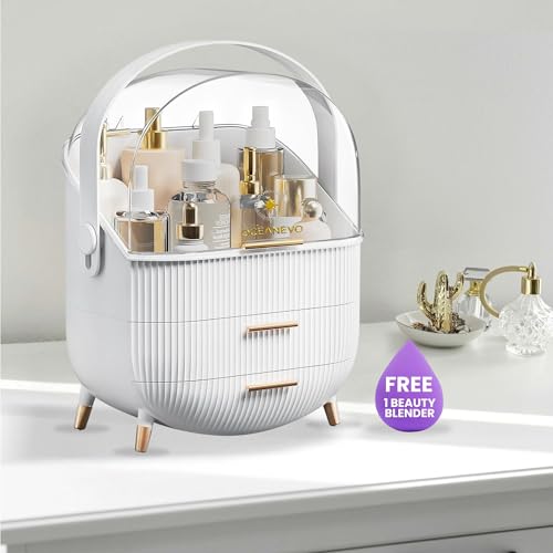 OCEANEVO Cosmetic Makeup Organizer Box for Women with Makeup Sponge | Dressing Table Organizer with Drawer for Skincare, Perfume, Lipstick Storage | 36 cm x 27 cm x 17 cm – Model 2 | White - Image 2