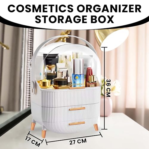 OCEANEVO Cosmetic Makeup Organizer Box for Women with Makeup Sponge | Dressing Table Organizer with Drawer for Skincare, Perfume, Lipstick Storage | 36 cm x 27 cm x 17 cm – Model 2 | White - Image 4