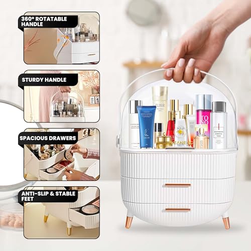 OCEANEVO Cosmetic Makeup Organizer Box for Women with Makeup Sponge | Dressing Table Organizer with Drawer for Skincare, Perfume, Lipstick Storage | 36 cm x 27 cm x 17 cm – Model 2 | White - Image 3