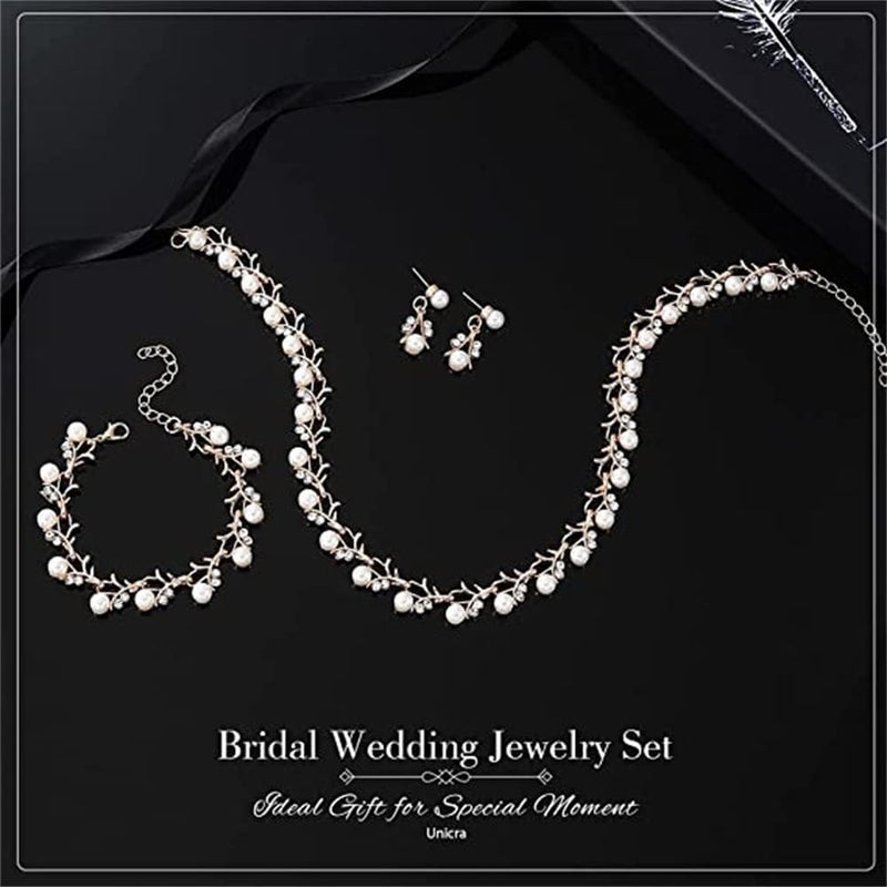 Pearl Bride Wedding Jewelry Set, Crystal Bridal Necklace Bracelet Earrings Sets, Rhinestone Choker Necklace Prom Costume Jewelry Set, for Women and Girls - Image 3