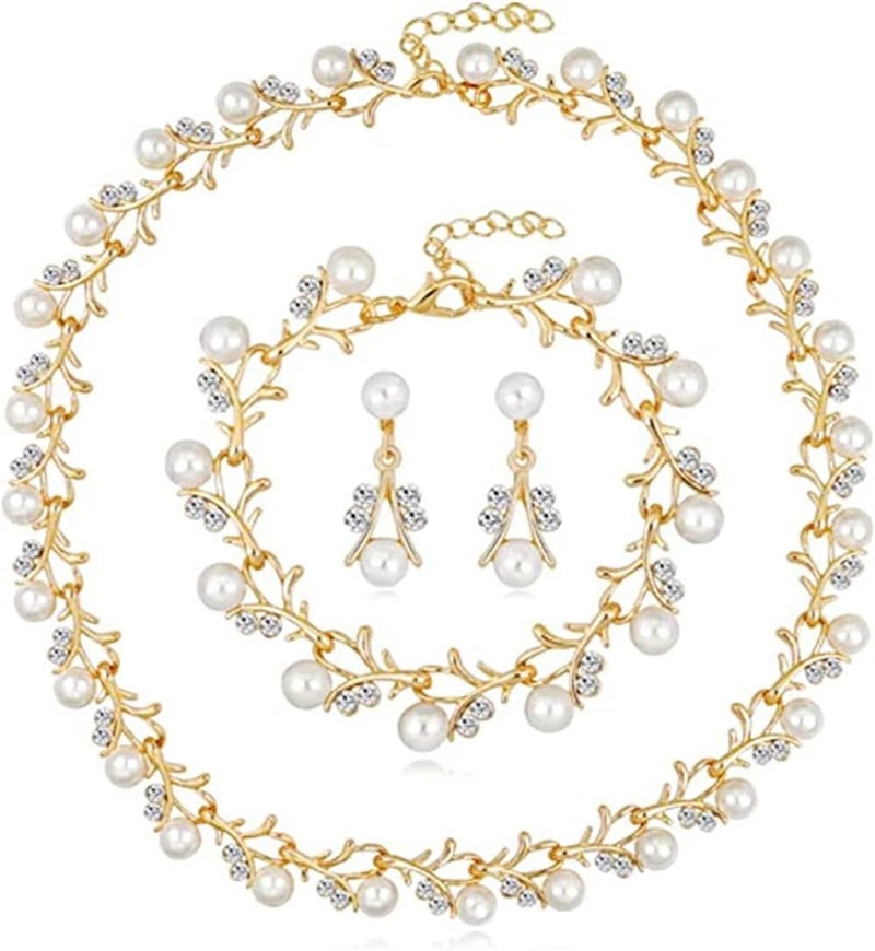 Pearl Bride Wedding Jewelry Set, Crystal Bridal Necklace Bracelet Earrings Sets, Rhinestone Choker Necklace Prom Costume Jewelry Set, for Women and Girls - Image 1