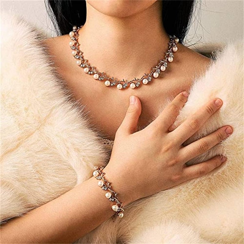 Pearl Bride Wedding Jewelry Set, Crystal Bridal Necklace Bracelet Earrings Sets, Rhinestone Choker Necklace Prom Costume Jewelry Set, for Women and Girls - Image 2