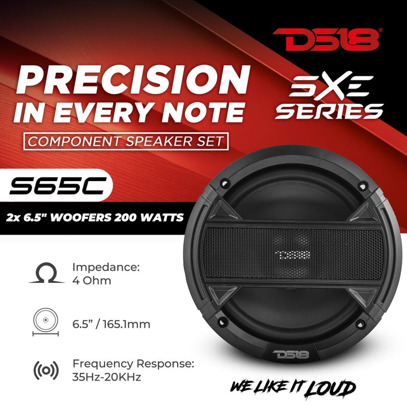 DS18 S65C Select 6.5" 2-Way Component Speaker Set 200 Watts 4-Ohm, Grill Included, Pair - 6.5" Door Speakers 2-Way with 1.5" Tweeters and 2X Passive Crossovers, Component Speaker System - Set of 2 - Image 2