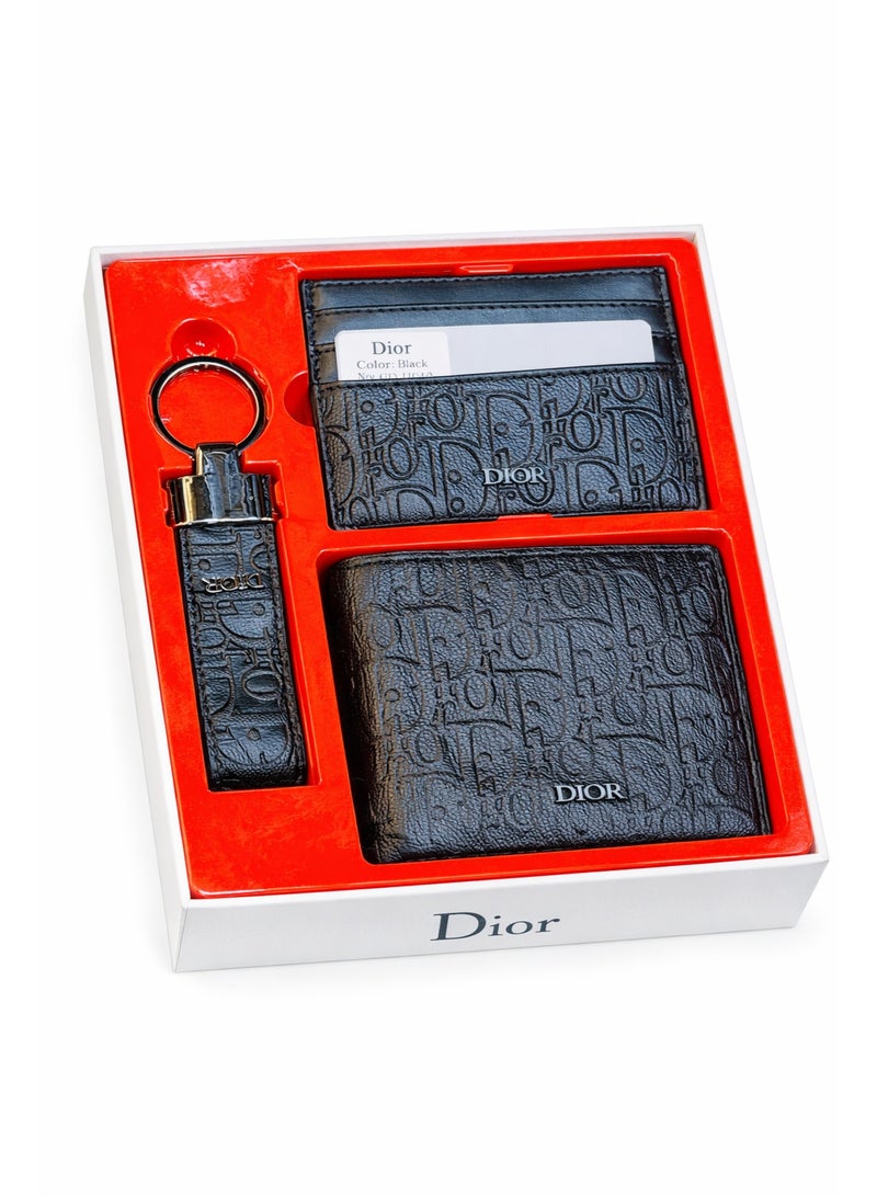 طقم هدايا ديور رجالي جلد – محفظة وكارت هولدر وميدالية مفاتيح