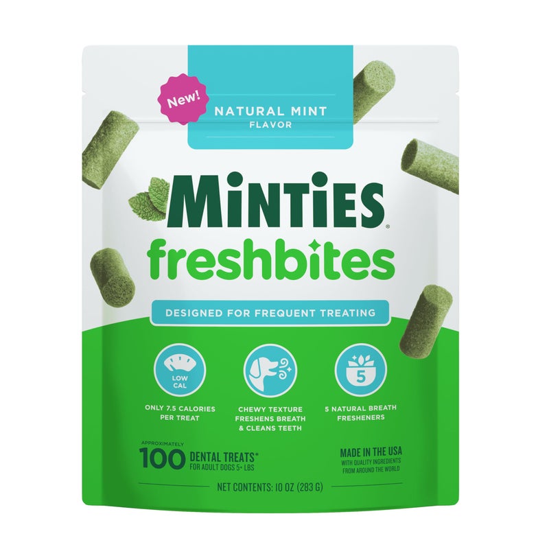 Minties FreshBites Soft and Chewy Dental Treats, Low Calorie Natural Mint Flavored Dental Chews for Dogs, 100 Count, Dog Chews Clean Teeth, Fight Bad Breath, Removes Plaque and Tartar - Image 1