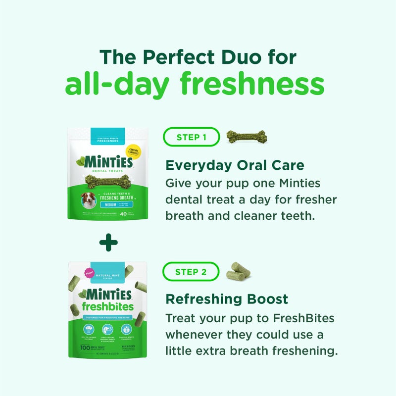 Minties FreshBites Soft and Chewy Dental Treats, Low Calorie Natural Mint Flavored Dental Chews for Dogs, 100 Count, Dog Chews Clean Teeth, Fight Bad Breath, Removes Plaque and Tartar - Image 3