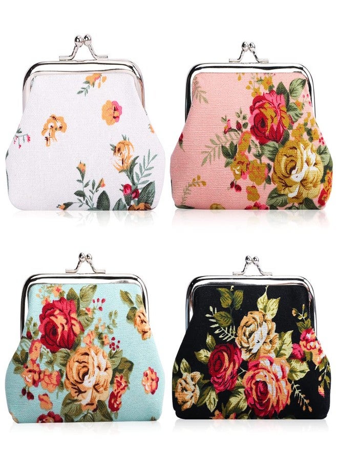 Oyachic 4 Packs Floral Coin Purse,Rose Kiss Lock Change Purse for Women,Small Cute Wallets with Clasp,Vintage Car Coin Pouch for Woman,Girls - Image 1