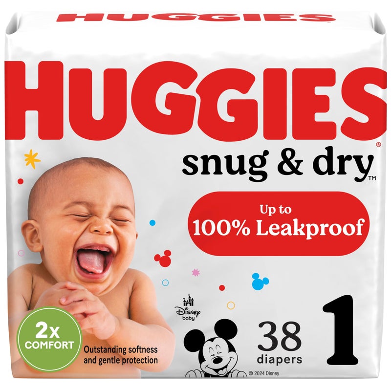 HUGGIES حفاضات هاجيز مقاس 1، حفاضات حديثي الولادة مريحة وجافة، مقاس 1 (8-14 رطل)، 38 قطعة، قد يختلف التعبئة والتغليف - Image 1