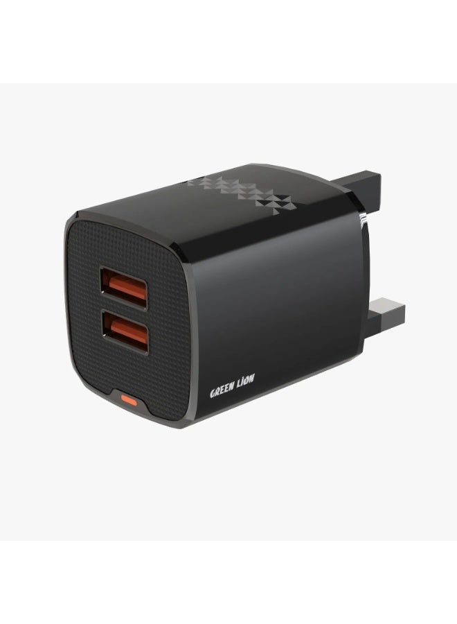 GREEN LION Dual Port Wall Charger with 2 USB-A Port & USB-A To Micro 1m Cable / Charging Protection /  Over-Voltage Protection , Over-Circuit Protection, Over-Heating & Short Circuit Protection / Ultra Compact / Output Power of 10.5W / Phone Charger 2 Plugs / For SmartPhones - Black - Image 1