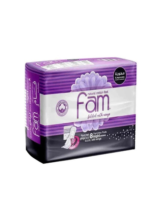 Fam Power Plus Natural Cotton Feel Feminine Night Pads Folded With Wings- 8 Pads