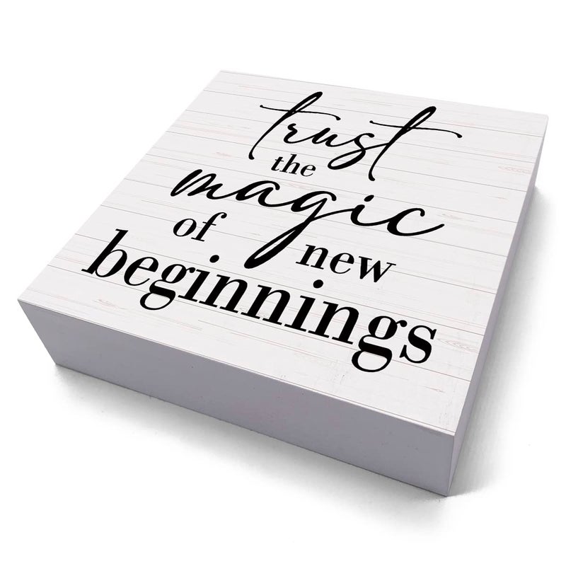 HTBIG Inspirational Quotes Sign Desk Decor Wooden Box Sign Housewarming Gift Rustic Wood Block Plaque Box Sign for Home Farmhouse Office Kitchen Bathroom Shelf Table Decoration Magic of New Beginnings Sign - Image 2