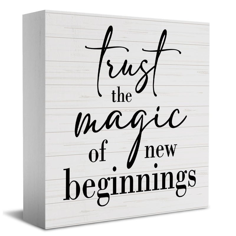 HTBIG Inspirational Quotes Sign Desk Decor Wooden Box Sign Housewarming Gift Rustic Wood Block Plaque Box Sign for Home Farmhouse Office Kitchen Bathroom Shelf Table Decoration Magic of New Beginnings Sign - Image 1