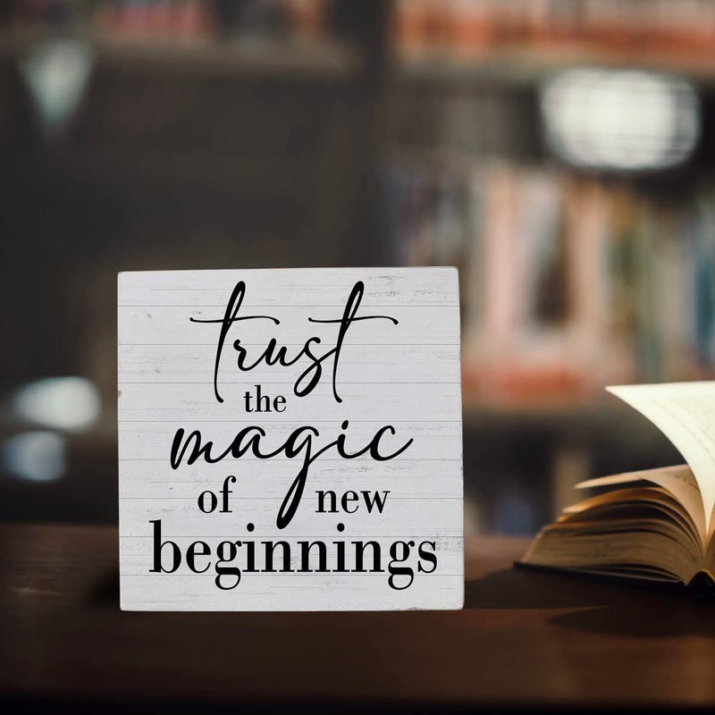 HTBIG Inspirational Quotes Sign Desk Decor Wooden Box Sign Housewarming Gift Rustic Wood Block Plaque Box Sign for Home Farmhouse Office Kitchen Bathroom Shelf Table Decoration Magic of New Beginnings Sign - Image 4