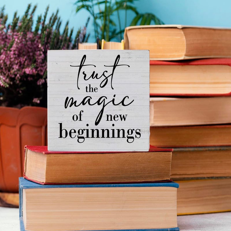HTBIG Inspirational Quotes Sign Desk Decor Wooden Box Sign Housewarming Gift Rustic Wood Block Plaque Box Sign for Home Farmhouse Office Kitchen Bathroom Shelf Table Decoration Magic of New Beginnings Sign - Image 5