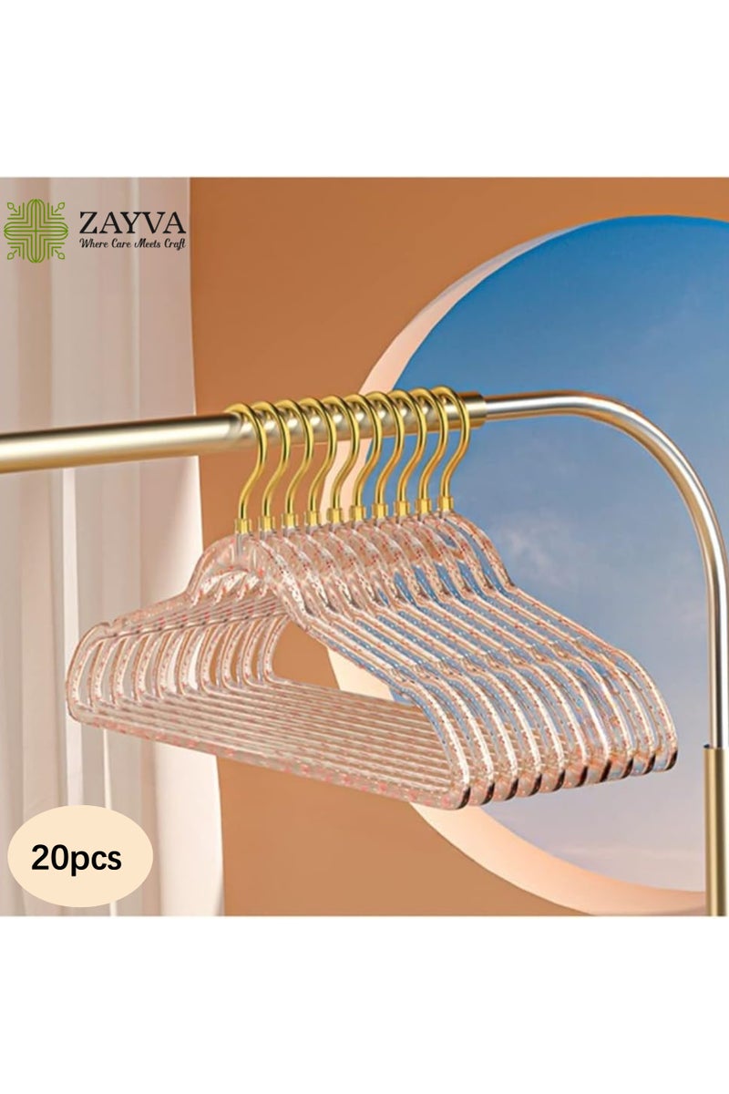 ZAYVA 20 Pcs Clear Acrylic Hangers Plastic Glitter Coat Hanger Non Slip Space Saving Suit Hangers Heavy Duty Clothes Hanger with Non Slip Notches (Pink)  - Image 1