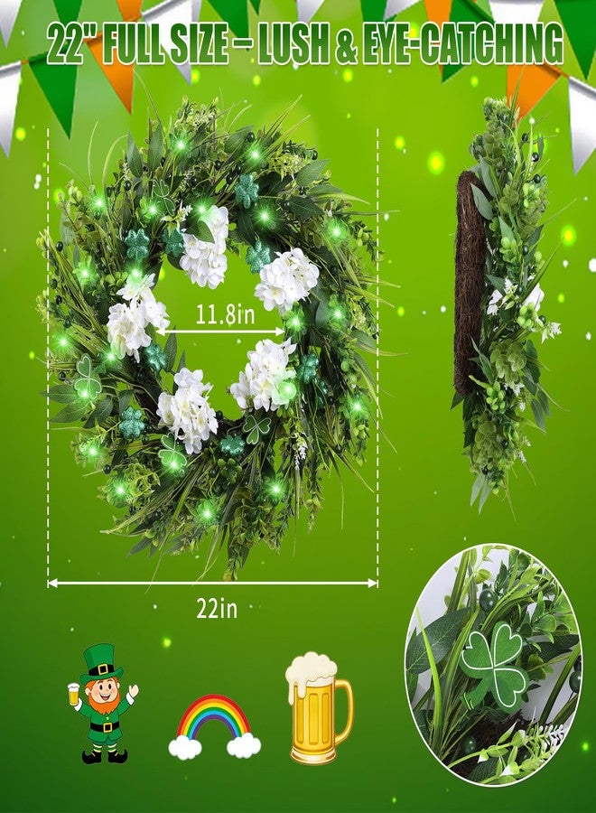 أكاليل عيد القديس باتريك مقاس 22 بوصة للباب الأمامي، أكاليل صناعية من نبات النفل الأخضر وزهور الكوبية البيضاء مع أضواء LED، إكليل عطلة الربيع لتزيين الجدران والنوافذ والشرفات المنزلية - Image 3