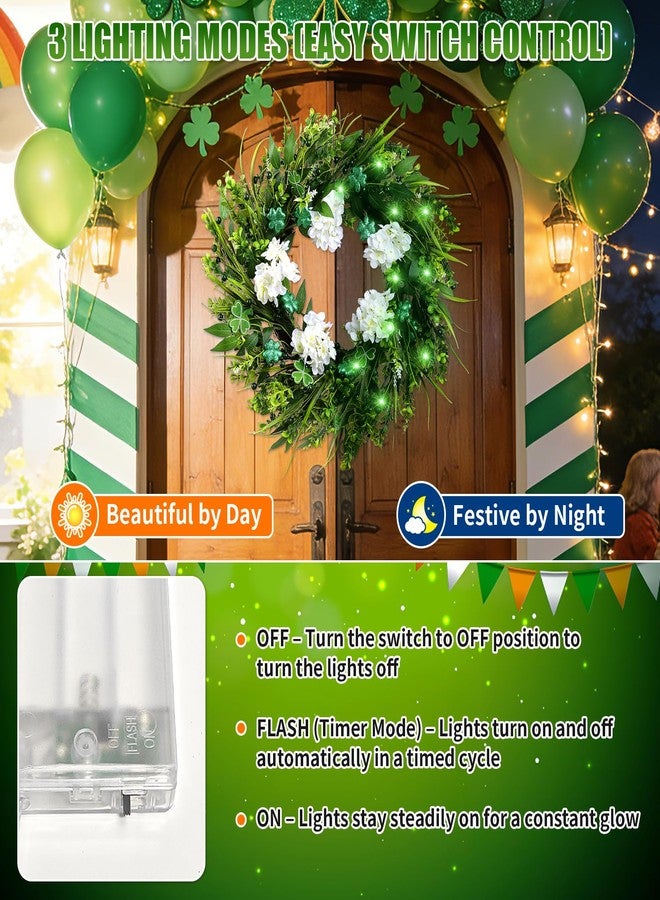 أكاليل عيد القديس باتريك مقاس 22 بوصة للباب الأمامي، أكاليل صناعية من نبات النفل الأخضر وزهور الكوبية البيضاء مع أضواء LED، إكليل عطلة الربيع لتزيين الجدران والنوافذ والشرفات المنزلية - Image 5