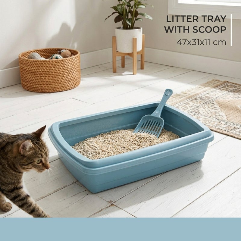 بلاستيك فورت صينية فضلات قطط بلاستيكية من بلاستيك فورتي مع مغرفة مريحة، صينية فضلات متينة وسهلة التنظيف، تصميم متداخل موفر للمساحة لجميع أنواع القطط، 47 × 31 × 11 سم، ألوان متنوعة - Image 3
