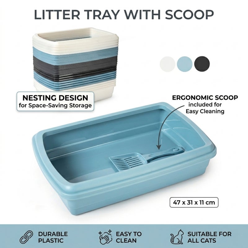 بلاستيك فورت صينية فضلات قطط بلاستيكية من بلاستيك فورتي مع مغرفة مريحة، صينية فضلات متينة وسهلة التنظيف، تصميم متداخل موفر للمساحة لجميع أنواع القطط، 47 × 31 × 11 سم، ألوان متنوعة - Image 2