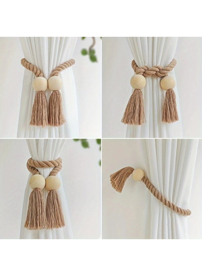 Goolsky 2pcs Magnetic Wooden Curtain Tiebacks with Simple Tassel Curtain Buckle Holdback for Bedroom Living Room Kitchen Home Decoration - Image 4